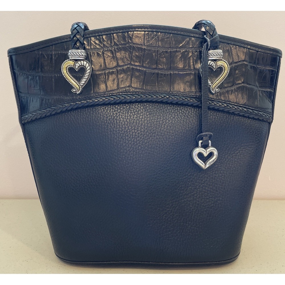 Brighton Black Leather Shoulder Bag Purse Handbag Signature Hearts Braided VG